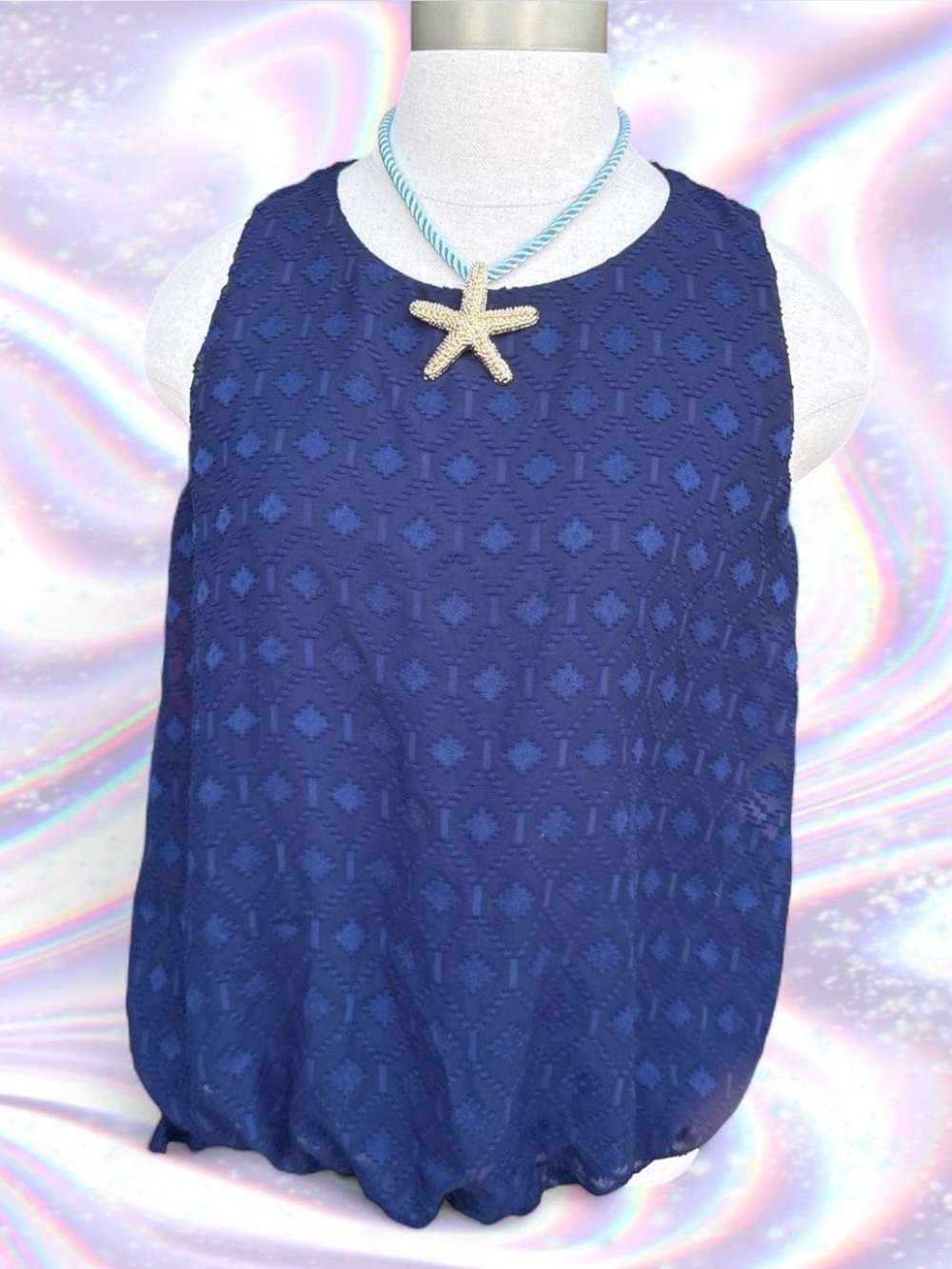 Iz Byer Navy Blue Sleeveless Textured Bubble Hem Blouse